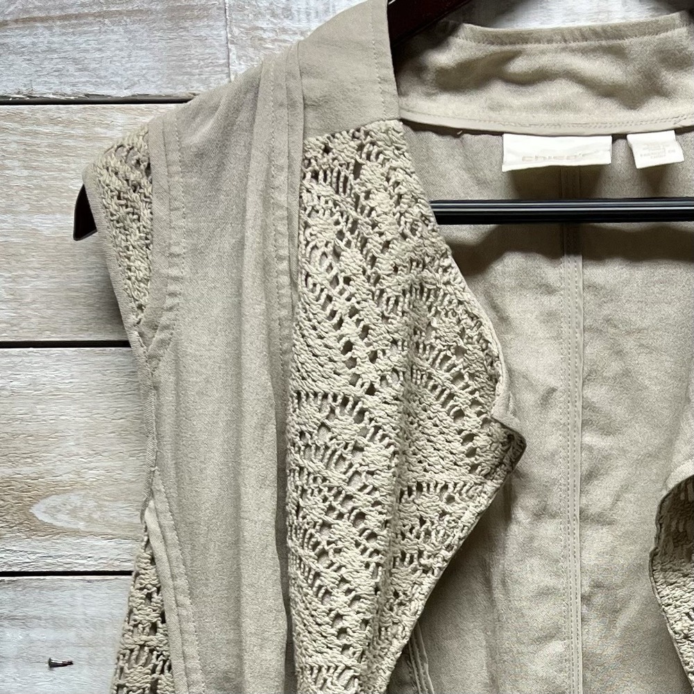 Chicos Vest Womens 2 US Large Beige Crochet Sleeveless Open Front‎ Asymetrical - Picture 4 of 9